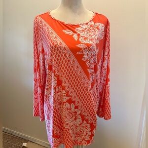 Bob Mackie Pullover Lace Print Sleeve Knit Top peach w ♥️60